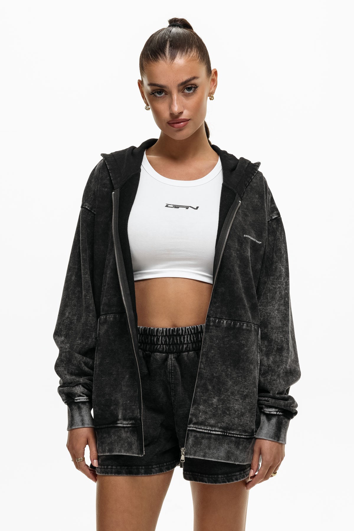 Charcoal Oversized Washed Zip Up Hoodie