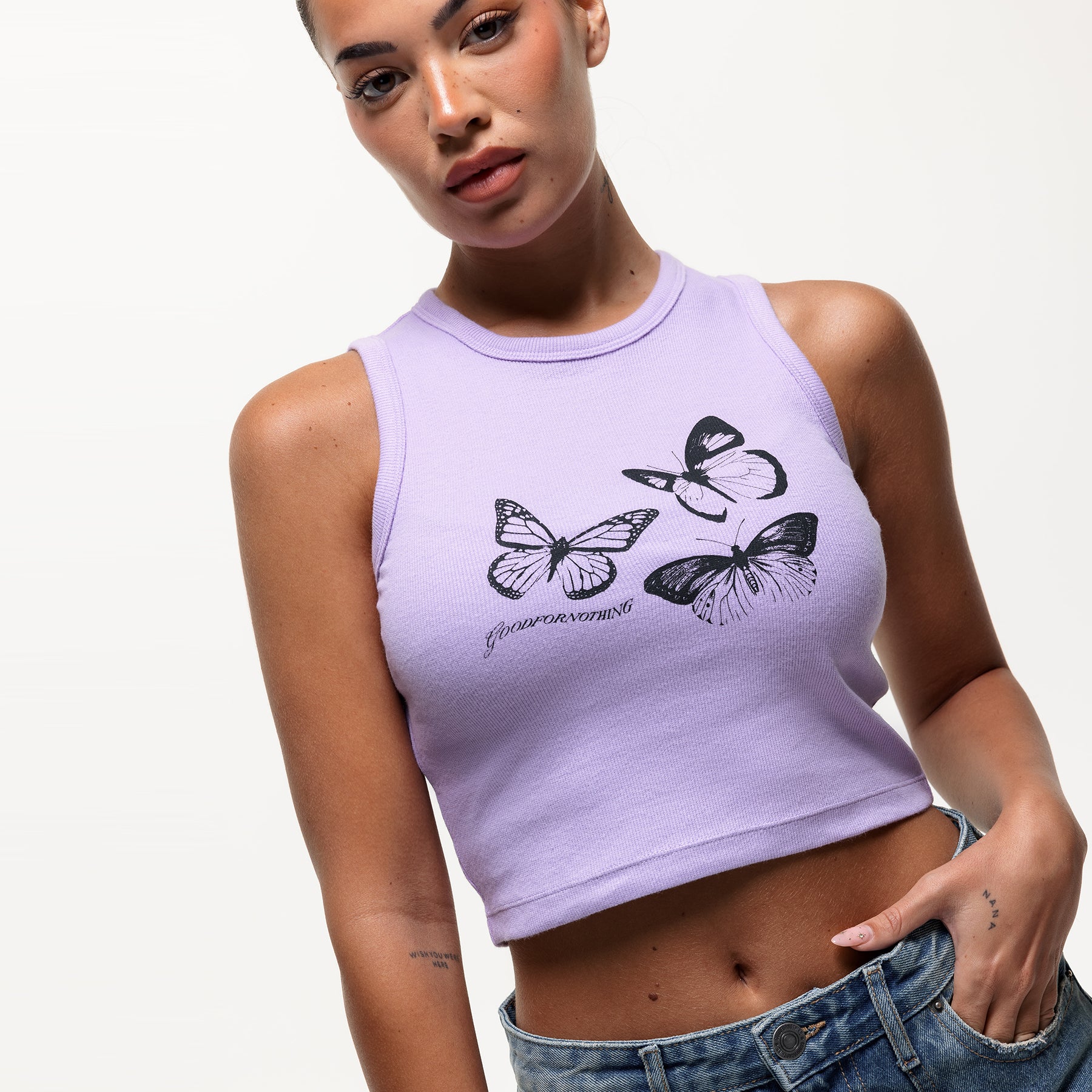 Spray Butterfly Ribbed Lilac Tank Top (Final Sale)