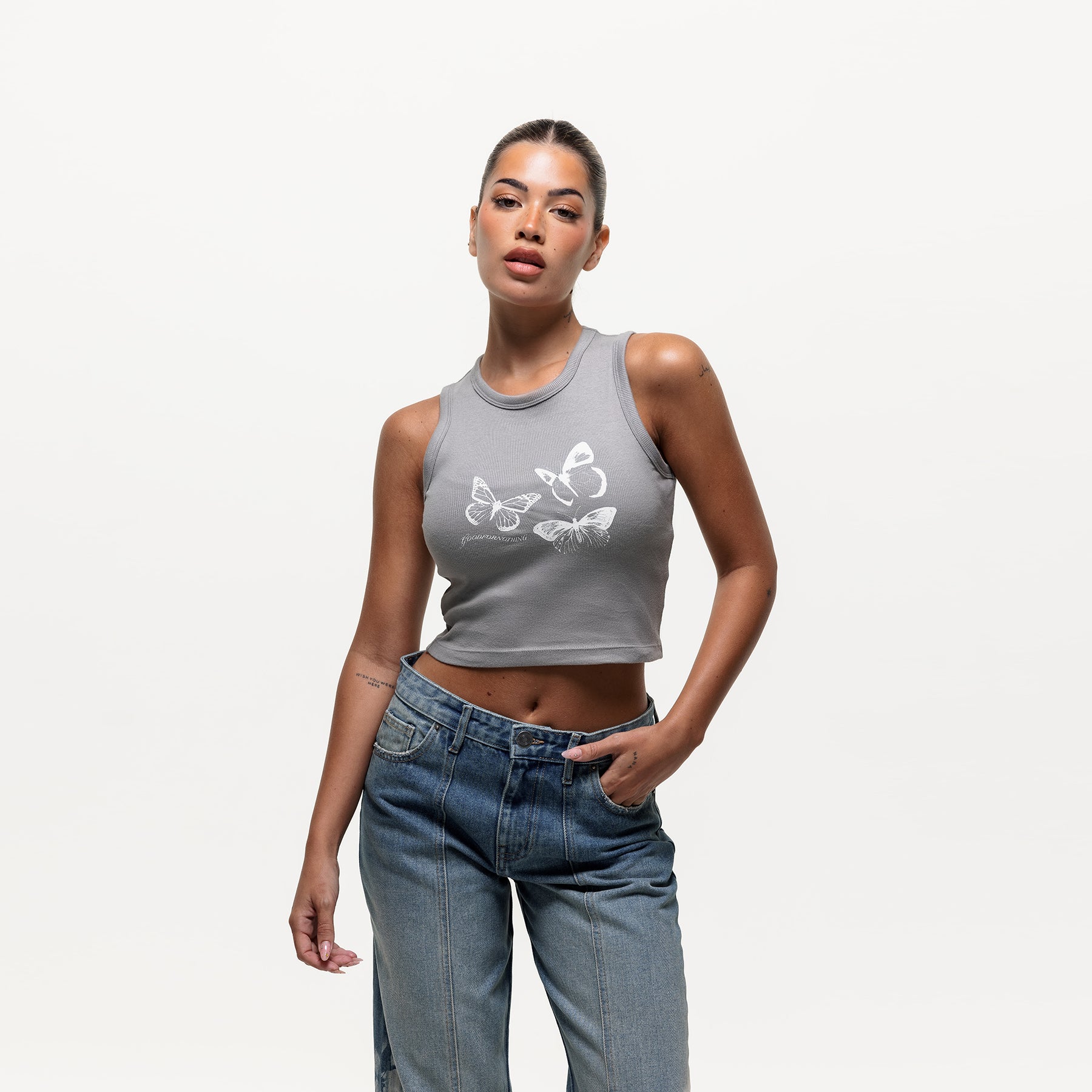 Spray Butterfly Ribbed Grey Tank Top (Final Sale)