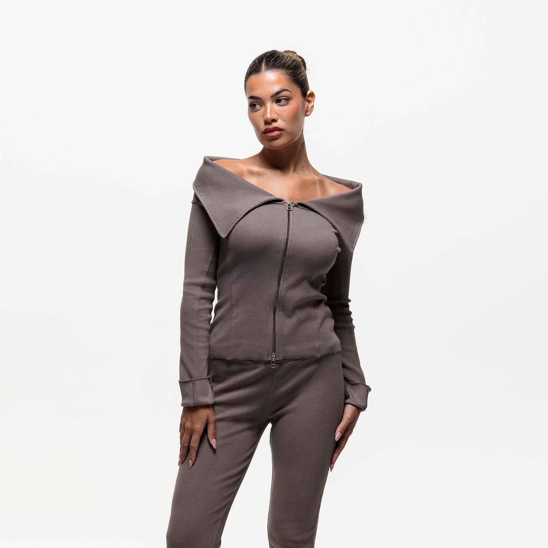 Ridge Taupe Off The Shoulder Long Sleeve (Final Sale)