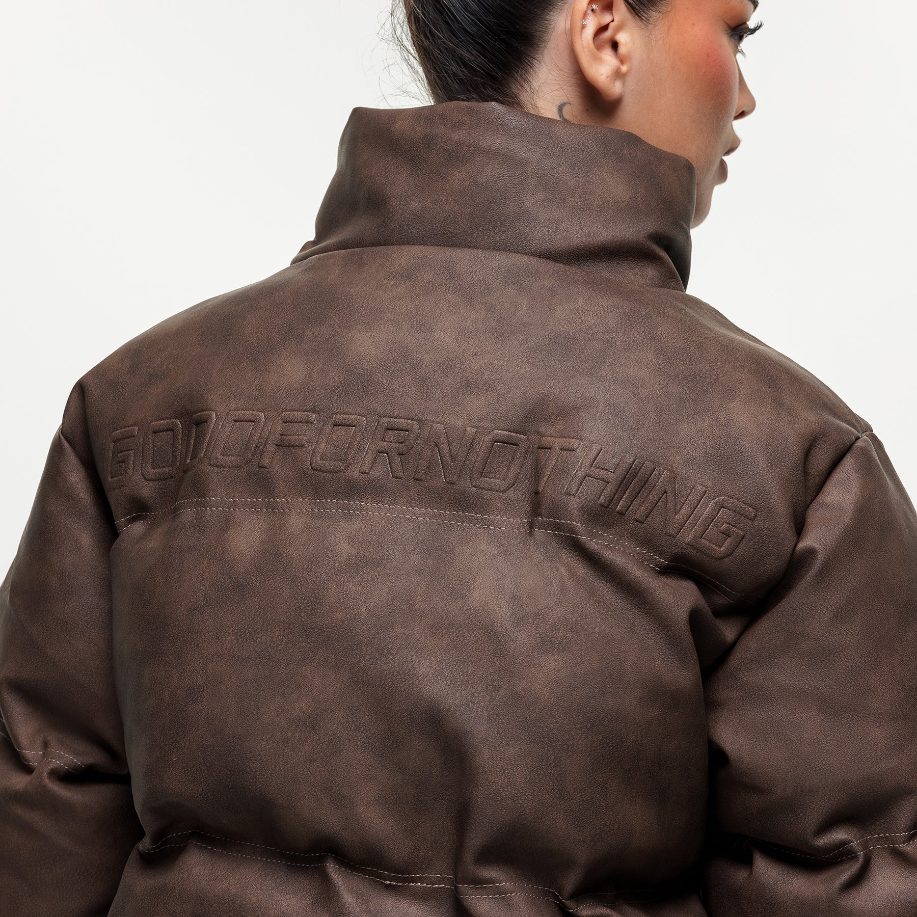 Vintage Brown Leather Puffer Coat