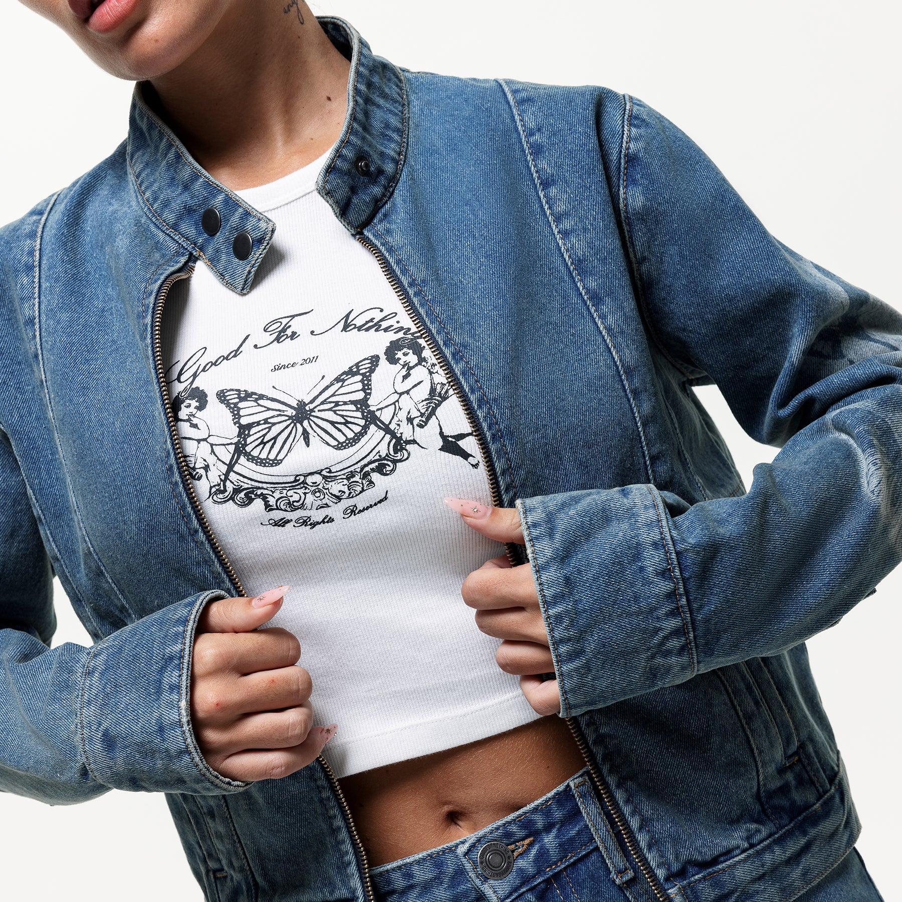 Spray Butterfly Biker Denim Jacket (Final Sale)