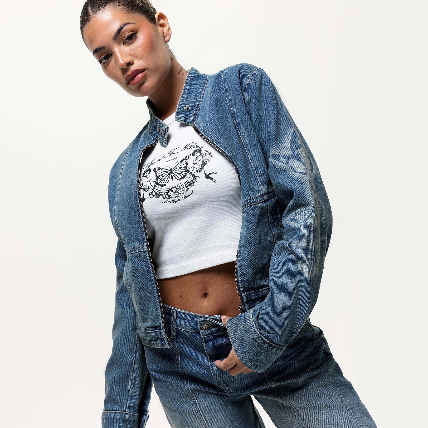 Spray Butterfly Biker Denim Jacket (Final Sale)